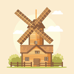 Traditional wooden windmill farm building vector illustration. Rustic countryside landscape sunset, agriculture milling concept. Cartoon flat design wooden windmill, serene pastoral scene