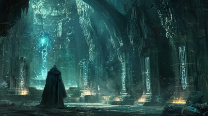 Enigmatic cave filled with magical artifacts, glowing runes on the walls, a cloaked sorcerer, spectral and powerful, casting ancient spells