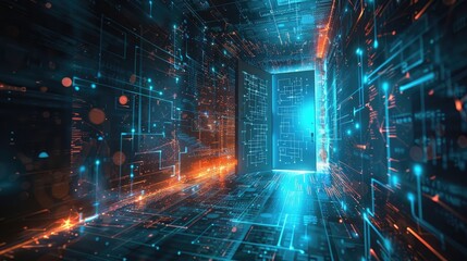 Futuristic door in cyber space. Digital Data center is portal in virtual metaverse. Abstract path...