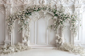 Elegant white floral wedding arch with intricate designs and luxurious blooms, perfect for refined ceremonies and bridal decor inspiration.