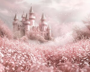 Enchanting pink fairy tale castle surrounded by blooming flowers in a dreamy landscape, perfect for fantasy scenes and magical stories.