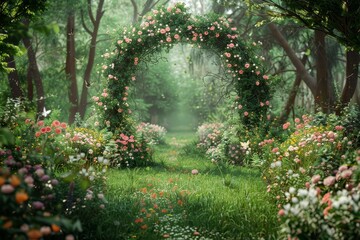 Enchanting garden with a beautiful archway of flowers, lush greenery, and a serene pathway leading into the forest.