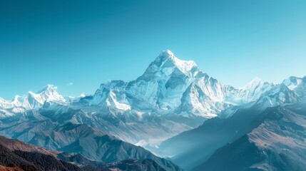 Obraz premium Snow-capped mountains with clear sky, cool tones, majestic landscape, copy space