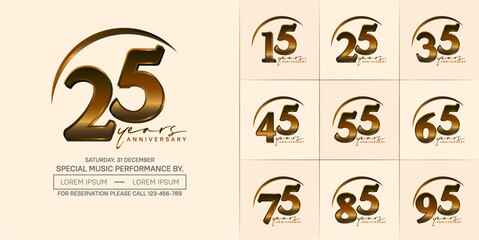 anniversary logotype set vector, golden color with swoosh for special day celebration
