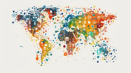 Obraz premium Global map displaying Sustainable Development Goals, with each goal represented by distinct, vivid symbols and data points