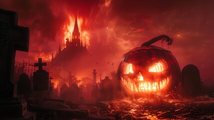 Fototapeta premium Enormous glowing pumpkin in a misty graveyard, a dark, formidable starry blood-red sky casting eerie light on tombstones