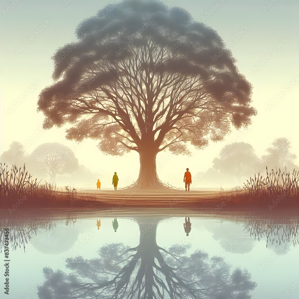 Poster the lakeside view with abstract greenery and big green trees with lush greenery spread all over swin