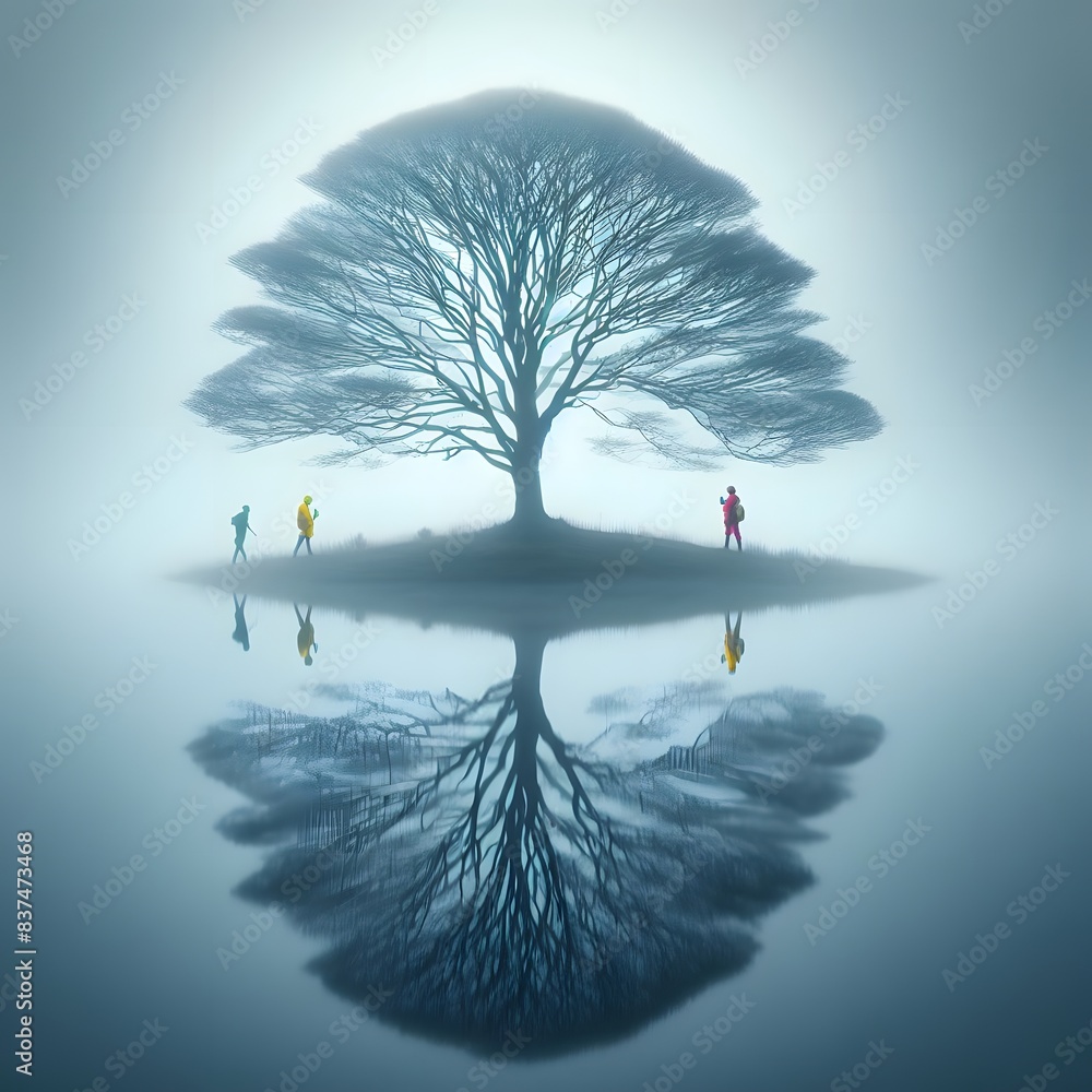 Poster the lakeside view with abstract greenery and big green trees with lush greenery spread all over swin