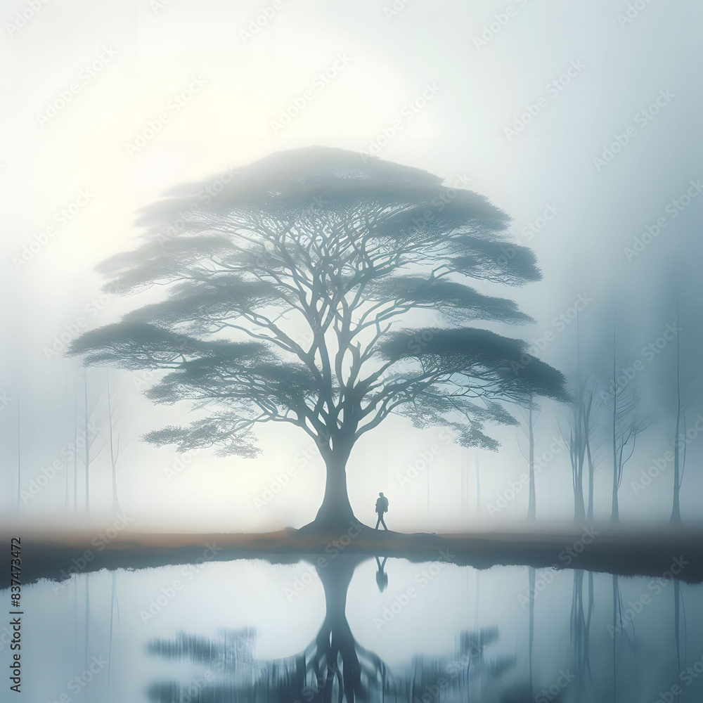 Poster the lakeside view with abstract greenery and big green trees with lush greenery spread all over swin
