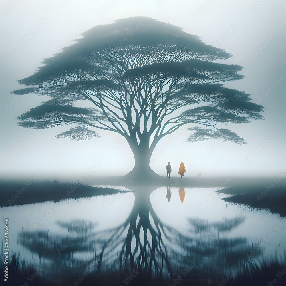 Poster the lakeside view with abstract greenery and big green trees with lush greenery spread all over swin