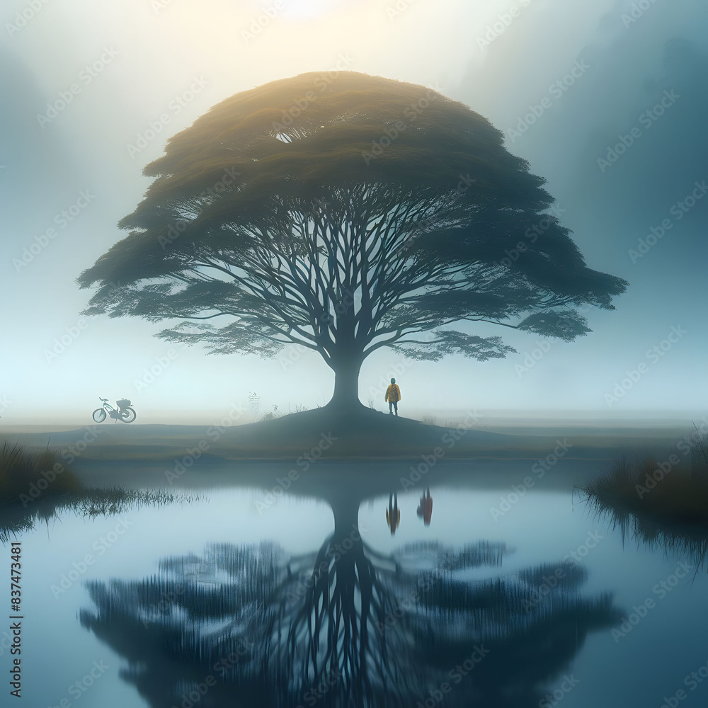 Poster the lakeside view with abstract greenery and big green trees with lush greenery spread all over swin