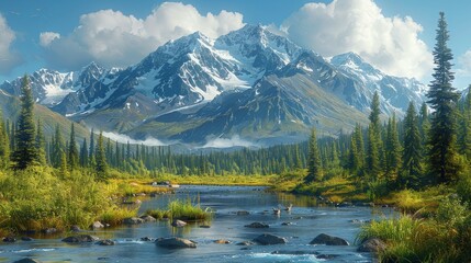 Obraz premium A beautiful mountain landscape with a river running through it