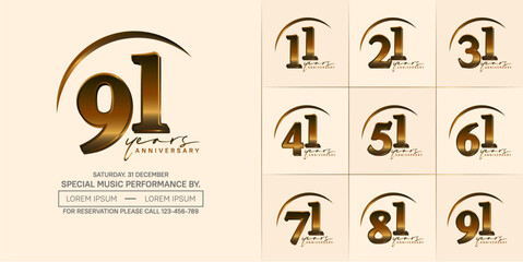 anniversary logotype set vector, golden color with swoosh for special day celebration