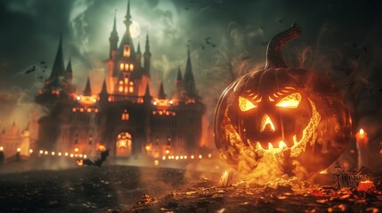 Formidable Halloween castle with a creepy smiling pumpkin head, surrounded by spooky decorations and a misty atmosphere