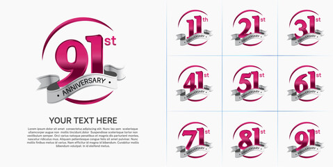 anniversary logotype set vector, red color and silver ribbon for special day celebration