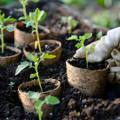 Close up of hands gardening, transplanting sprouts into eco friendly pots in soil