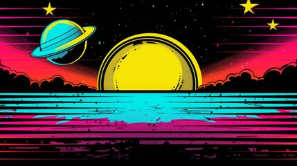 Digital retro landscape 1980's style retro wave sunset and mountain. Futuristic cyber surface. 80s Retro Sci-Fi background. View illustration in retro futuristic in the style of the 80-90s.