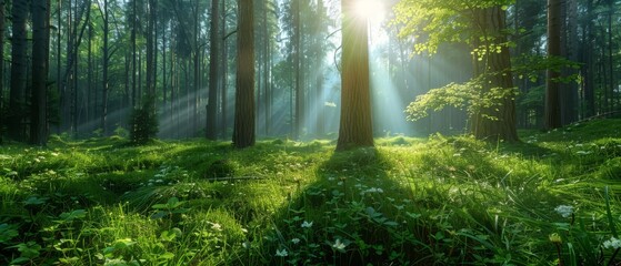 Sunlit forest glade, vibrant greens, peaceful setting, natural beauty, copy space