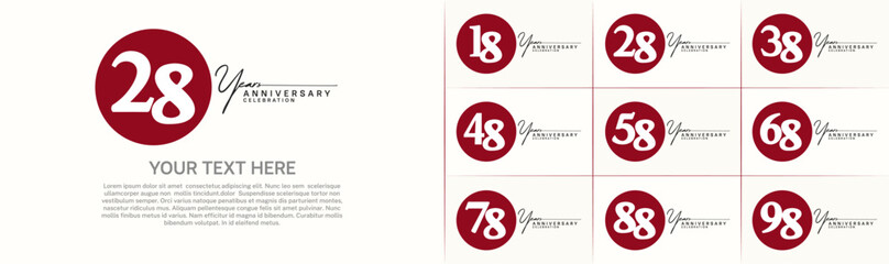 anniversary logotype set vector, red color circle for special day celebration