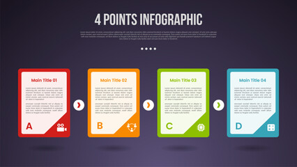 4 points or step process infographic with big container box sharp edge with badge on bottom with modern dark style for slide presentation