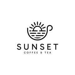 Sunset Coffee and Tea logo design. Abstract minimalist line art design template.