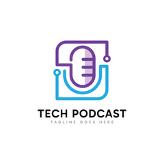Tech Podcast logo design. Minimalist microphone and digital tech element combination design concept.