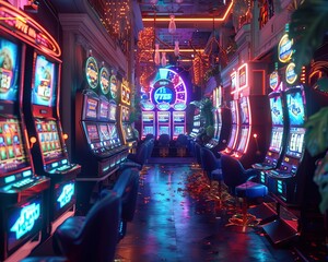 The casino filled with holographic slot machines and digital card tables, vibrant neon lights, 3D illustration