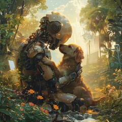 Harmony between technology and nature showing a robot and dog sharing a tender moment in a lush forest setting.