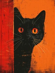 Pop art style illustration of a black cat with vibrant orange eyes peeking behind a red curtain on an orange background.