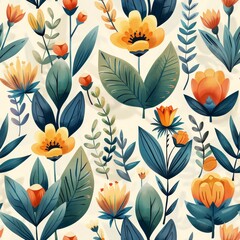 Seamless floral pattern with orange and yellow flowers on a light background, featuring leaves and buds in a beautiful arrangement.