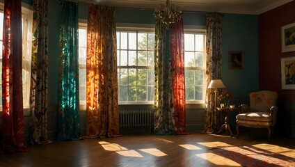 A sunlit room adorned with billowing, colorful curtains that dance in the breeze, casting vibrant patterns across the floor ai_generated 