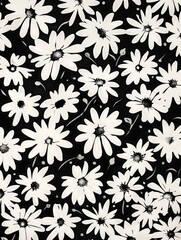 Seamless pattern of white daisy flowers on a black background, perfect for textile, wallpaper, or surface design.