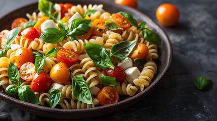 A cold pasta salad with cherry tomatoes, mozzarella, and fresh basil, digitally enhanced for a vibrant and appealing image