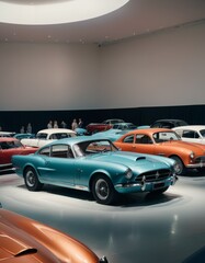 Vintage automobiles showcased in a sleek exhibition, with a lineup of polished, colorful cars under soft museum lighting, inviting admiration.