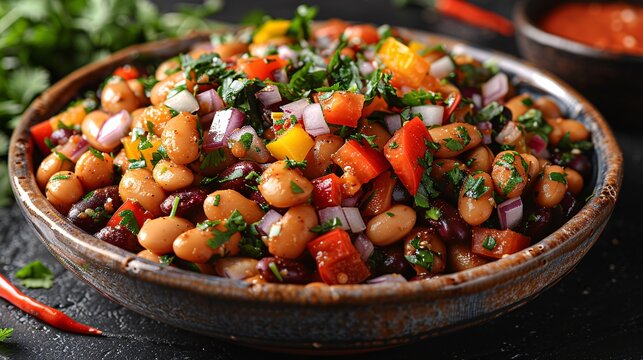 A hearty bean salad with mixed legumes, bell peppers, and a cumin-lime dressing, captured in 32k cel shading with realistic details