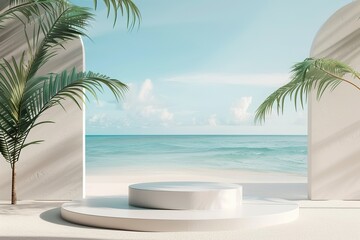 Fototapeta premium 3D render, minimal Summer background with empty podium or pedestal platform for showing product, cosmetic scene for mock up, beach swim elements decoration