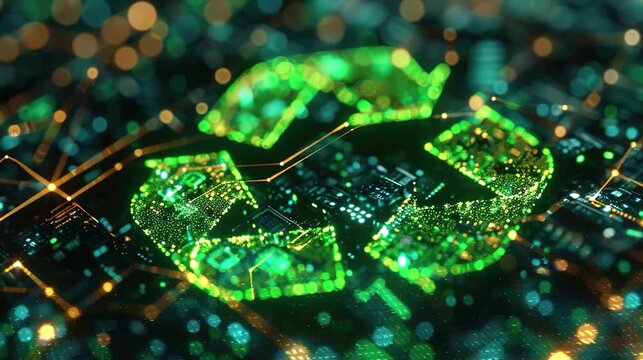 3D recycling symbol in a green neon color, connected to a series of network connections to represent the digitization of waste management