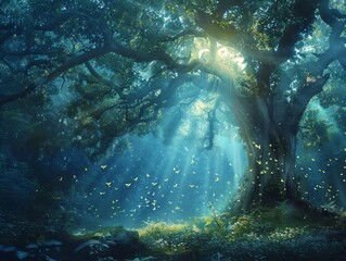 Fototapeta premium An ancient forest illuminated by a magical tree's radiant glow, as mystical beings prepare for the Enchanted Forest Countdown
