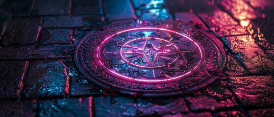 Close up of a manhole cover with ancient alchemical symbols, glowing in neon light, mystical hues creating a raw visual style