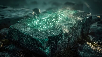 Close-up of ancient stone inscribed with runes glowing in a soft green light, set against a backdrop of darkness