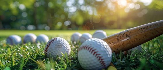 Baseball bat and golf balls on a sunny summer day