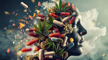 Concept of drug addiction and substance dependence as a junkie symbol or addict health problem with cocaine hroin cannabis alcohol and prescription pills with 3D illustration elements. 