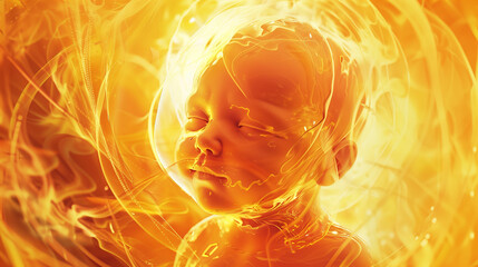 Ethereal image of a fetus enveloped in golden light with flowing abstract patterns. Surreal and dreamlike representation of life, creation, and warmth in an artistic, glowing atmosphere.