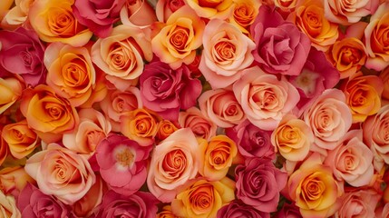 Fototapeta premium Vivid display of multicolored roses with shades of pink, orange, and red creating a lush floral tapestry