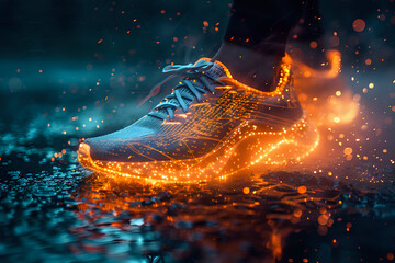 Close-up of a glowing running shoe in motion, symbolizing speed and technology in sports footwear. Perfect for athletic gear advertisements, sports tech content, and fitness promotions. 