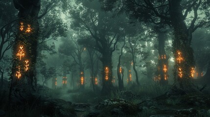 Obraz premium Dark forest with trees marked by ancient runes, their glowing symbols revealing hidden stories, bathed in an eerie, mystical glow