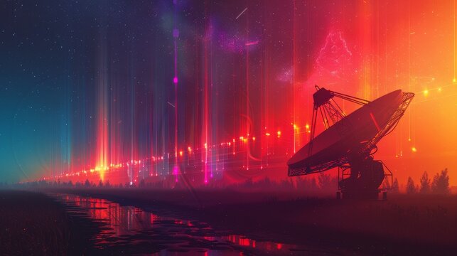 Dynamic and raw image of radio waves radiating from a satellite dish, overlaid with the electromagnetic spectrum and generous copy space