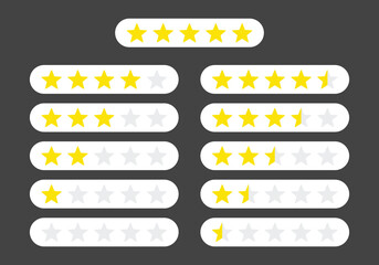 Golden product rating stars customer review set collection. Graphic symbol flat design interface illustration elements for app ui ux web banner button vector isolated on white background