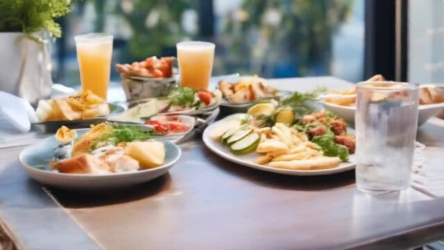 a table topped with plates of food and drinks, adobe stock popular, 4k food photography, 4 k food photography