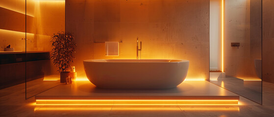 Cozy minimalist bathroom with soft lighting and clean lines